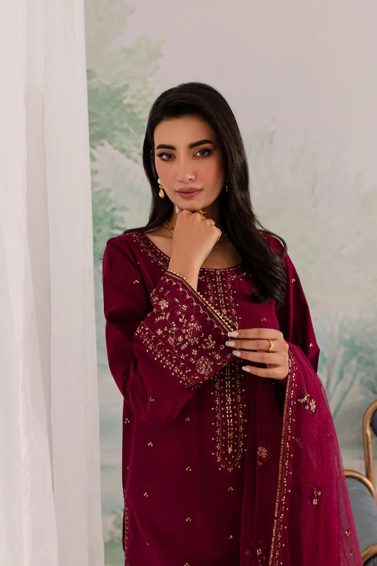 WINTER-3PC DHANAK EMBROIDERED SHIRT WITH CHIFFON EMBROIDERED DUPATTA AND TROUSER-4198