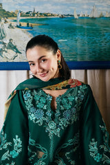WINTER-3PC DHANAK CHIKAN EMBROIDERED SHIRT WITH COUTRAI PRINTED SHAWL AND TROUSER-5300