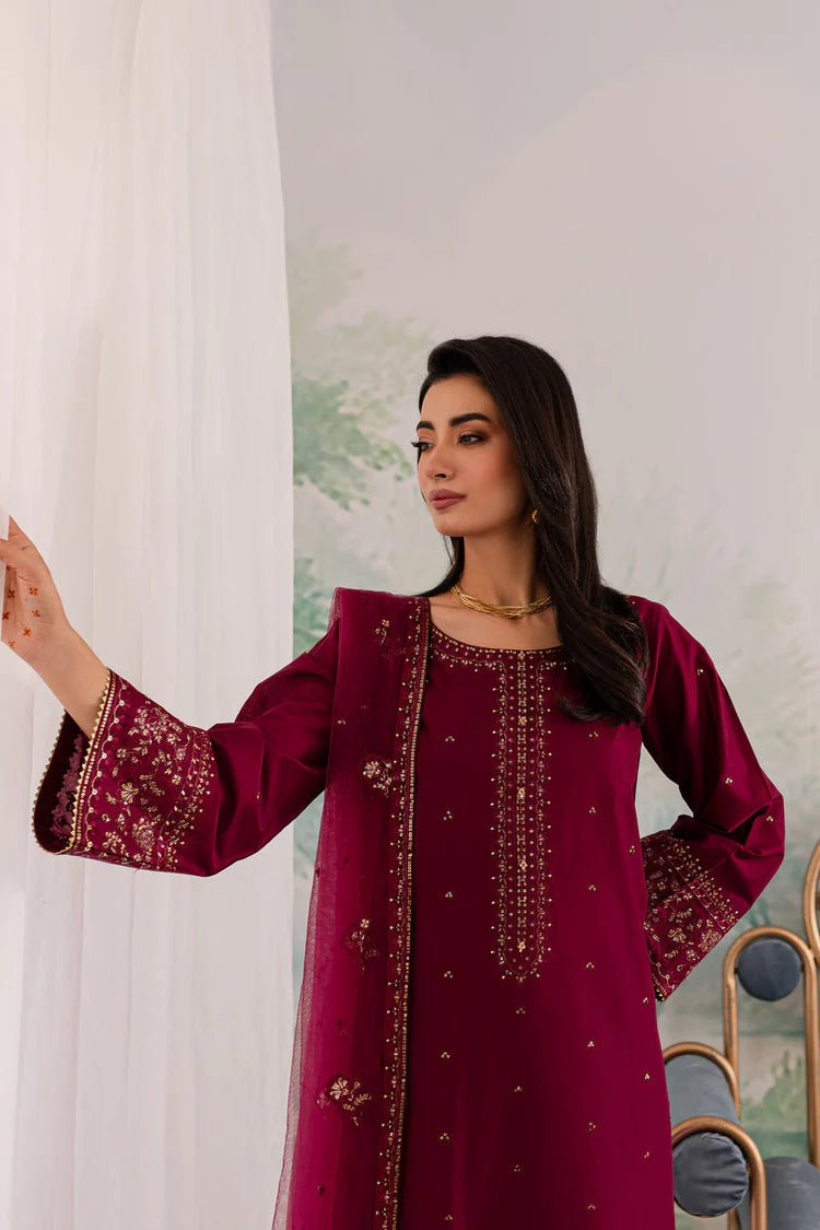 WINTER-3PC DHANAK EMBROIDERED SHIRT WITH CHIFFON EMBROIDERED DUPATTA AND TROUSER-4198
