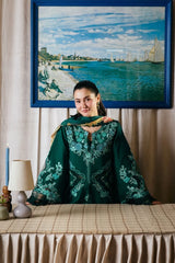 WINTER-3PC DHANAK CHIKAN EMBROIDERED SHIRT WITH COUTRAI PRINTED SHAWL AND TROUSER-5300