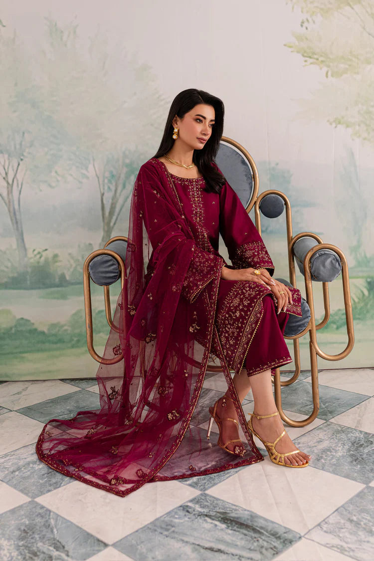 WINTER-3PC DHANAK EMBROIDERED SHIRT WITH CHIFFON EMBROIDERED DUPATTA AND TROUSER-4198