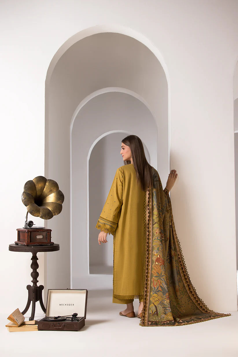 WINTER- 3PC DHANAK EMBROIDERED SHIRT WITH WOOL PRINT SHAWL AND TROUSER-4008