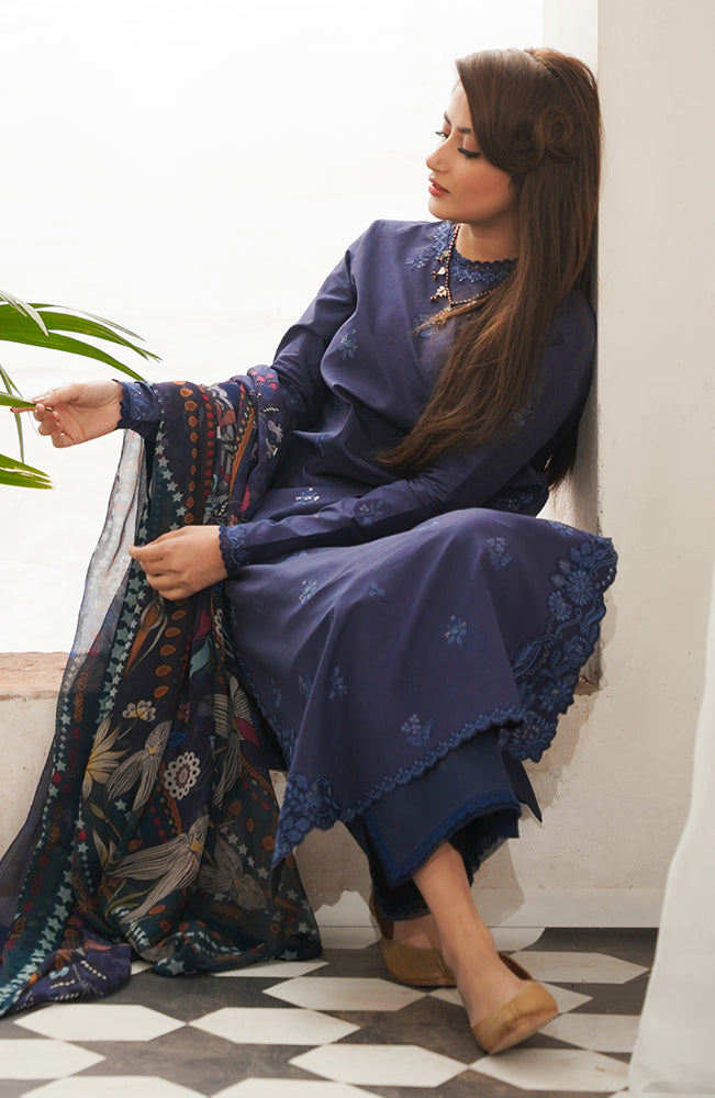 SERAN-3PC DHANAK EMBROIDERED SHIRT WITH COURTRAI WOOL PRINTED SHAWL & TROUSER-3511