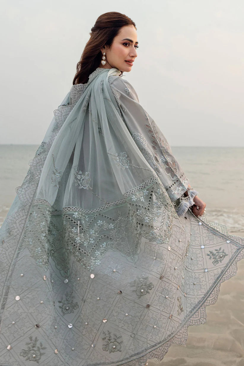 WINTER-3PC DHANAK LASER WORK EMBROIDERED SHIRT WITH CHIFFON EMBROIDERED DUPATTA & TROUSER-4214