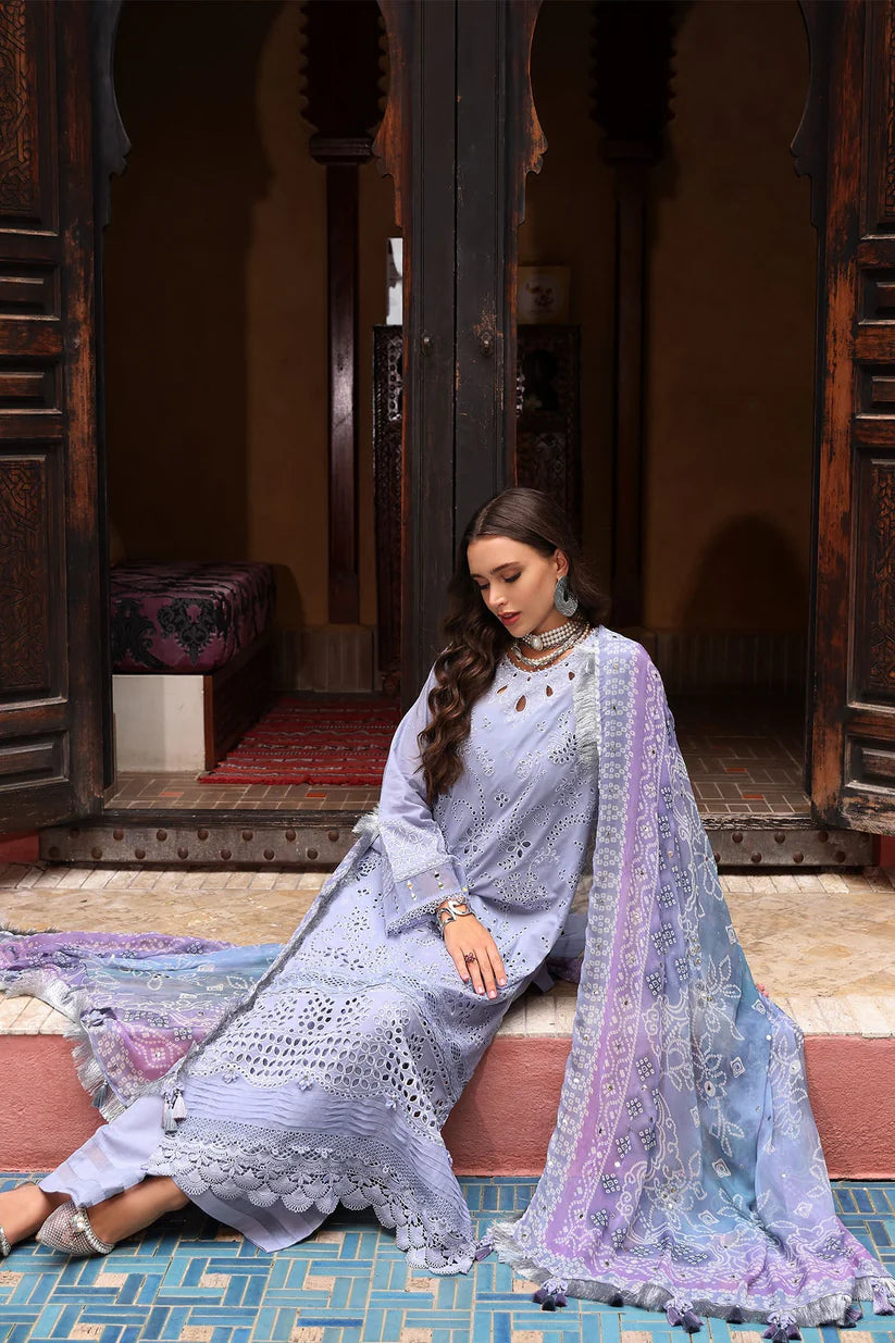 SUMMER-3PC LAWN CHIKANKARI EMBROIDERED SHIRT WITH MONARK PRINTED DUPATTA AND EMB TRPUSER-3709