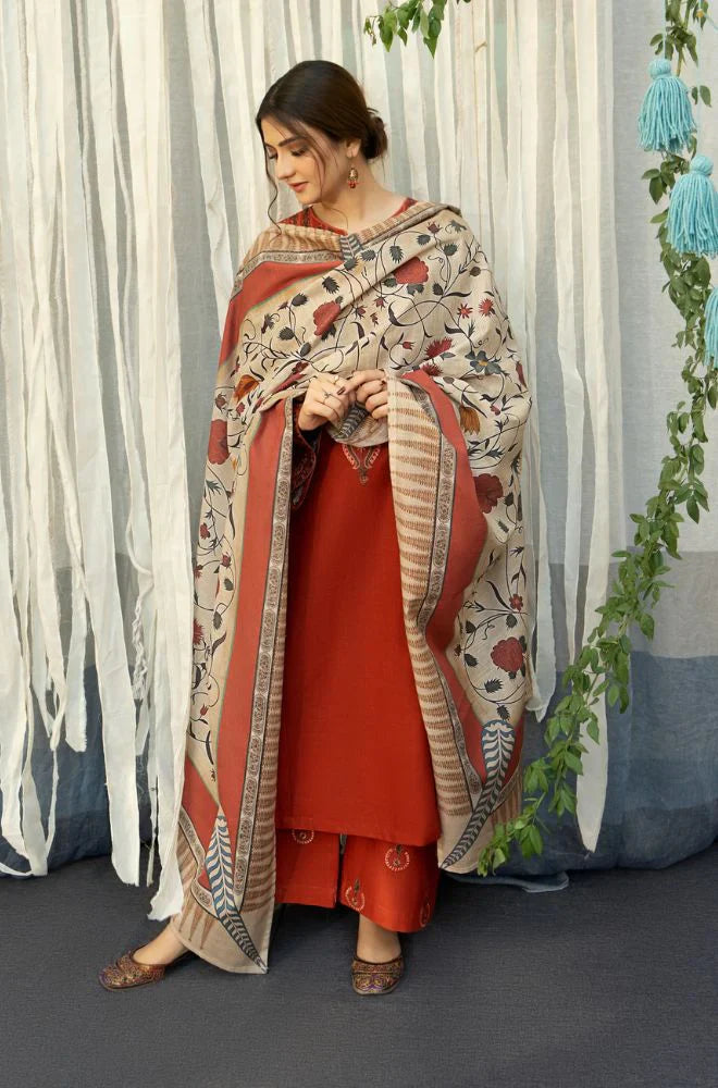 WINTER- 3PC DHANAK EMBROIDERED SHIRT WITH COUTURE WOOL PRINT SHAWL AND TROUSER-2692