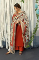 WINTER- 3PC DHANAK EMBROIDERED SHIRT WITH COUTURE WOOL PRINT SHAWL AND TROUSER-2692