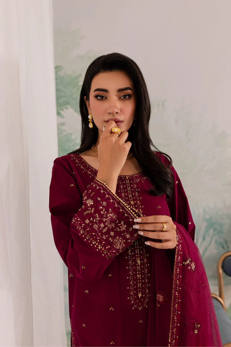 WINTER-3PC DHANAK EMBROIDERED SHIRT WITH CHIFFON EMBROIDERED DUPATTA AND TROUSER-4198