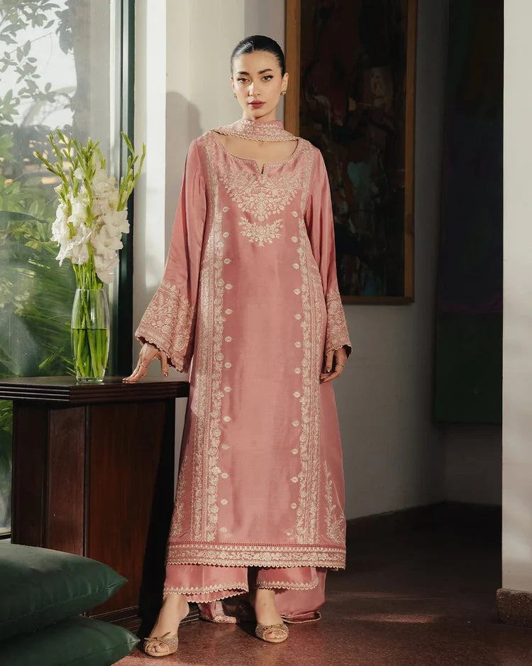 WINTER-3PC RAW SILK EMBROIDERED SHIRT WITH SILK EMBROIDERED DUPATTA AND EMB TROUSER-5141