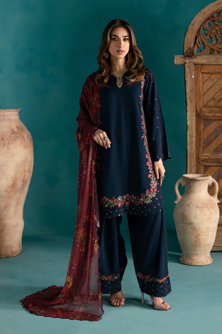 WINTER-3PC DHANAK EMBROIDERED SHIRT WITH COURTRAI PRINTED SHAWL & EMB TROUSER-4231