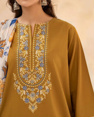 WINTER-3PC DHANAK EMBROIDERED SHIRT WITH WOOL PRINT SHAWL AND EMB TROUSER-5070
