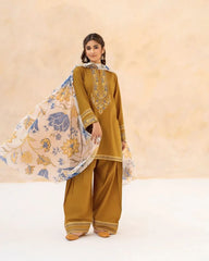 WINTER-3PC DHANAK EMBROIDERED SHIRT WITH WOOL PRINT SHAWL AND EMB TROUSER-5070