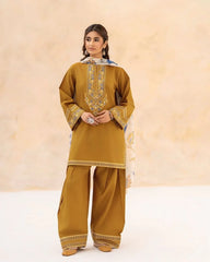 WINTER-3PC DHANAK EMBROIDERED SHIRT WITH WOOL PRINT SHAWL AND EMB TROUSER-5070