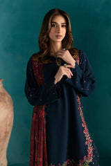 WINTER-3PC DHANAK EMBROIDERED SHIRT WITH COURTRAI PRINTED SHAWL & EMB TROUSER-4231