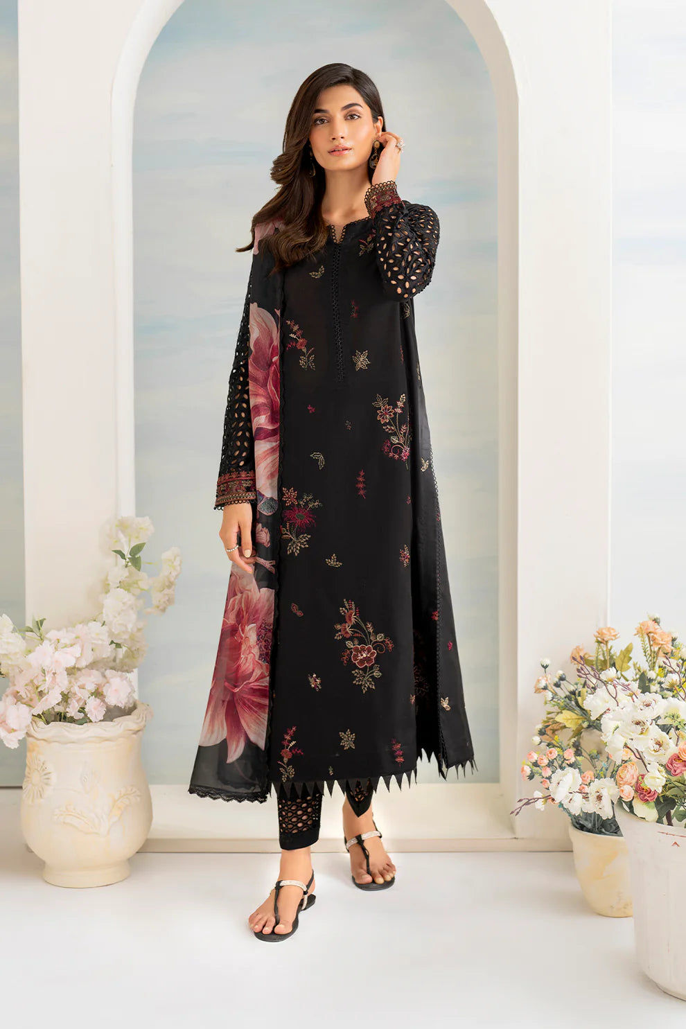 WINTER- 3PC DHANAK EMBROIDERED SHIRT WITH COUTURE PRINT SHAWL AND TROUSER-3175