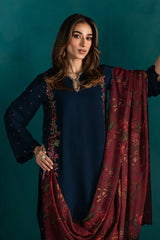 WINTER-3PC DHANAK EMBROIDERED SHIRT WITH COURTRAI PRINTED SHAWL & EMB TROUSER-4231