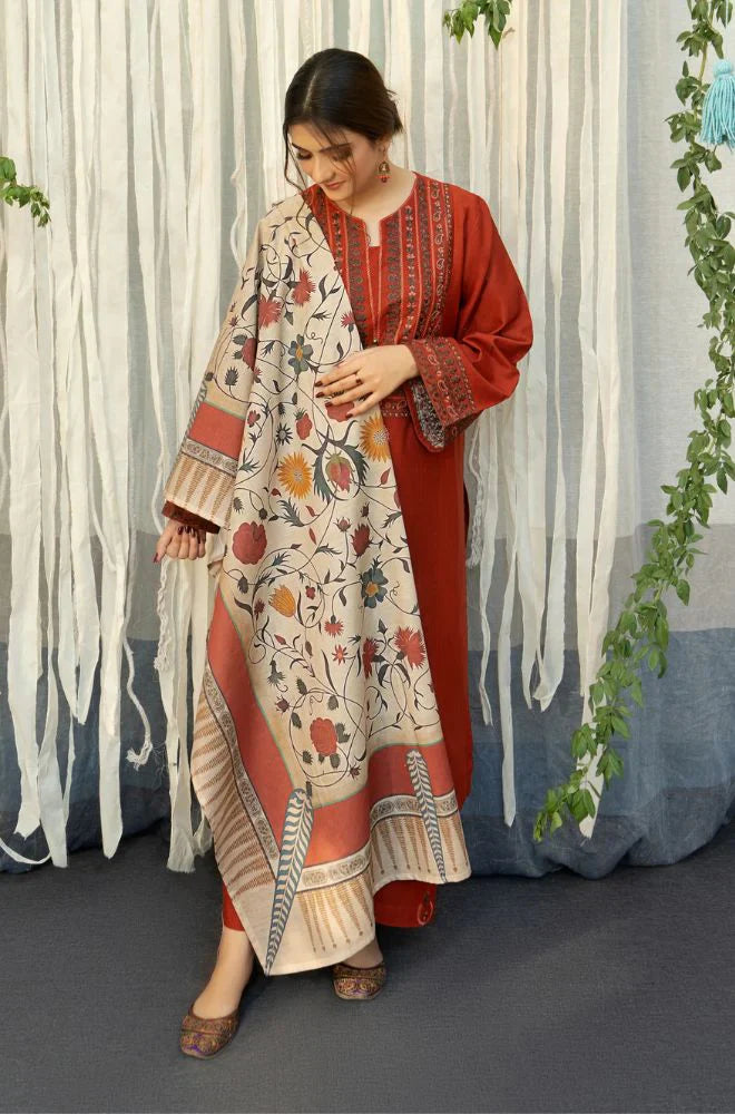 WINTER- 3PC DHANAK EMBROIDERED SHIRT WITH COUTURE WOOL PRINT SHAWL AND TROUSER-2692