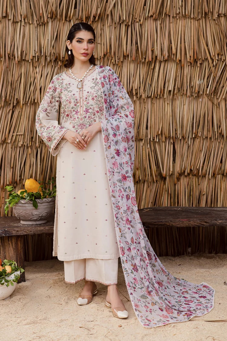 WINTER-3PC DHANAK EMBROIDERED SHIRT WITH WOOL PRINTED SHAWL AND EMB TROUSER -5040