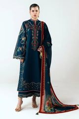 WINTER-3PC DHANAK EMBROIDERED SHIRT WITH COUTRAI PRINTED SHAWL AND EMB TROUSER-5172