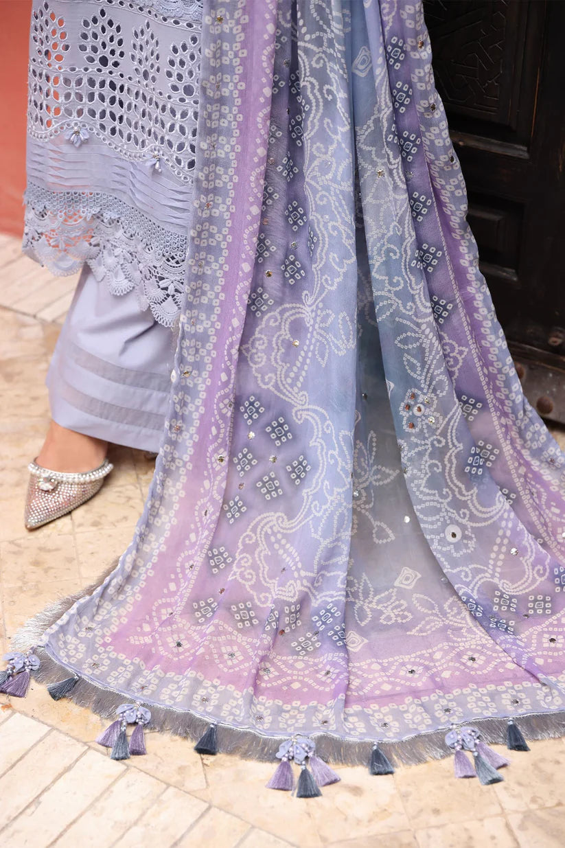 SUMMER-3PC LAWN CHIKANKARI EMBROIDERED SHIRT WITH MONARK PRINTED DUPATTA AND EMB TRPUSER-3709