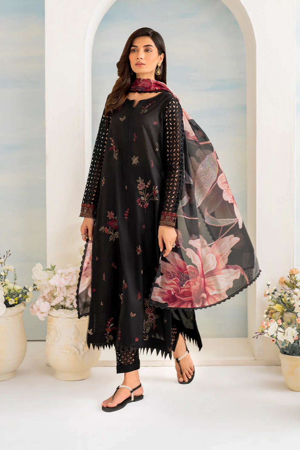 WINTER- 3PC DHANAK EMBROIDERED SHIRT WITH COUTURE PRINT SHAWL AND TROUSER-3175