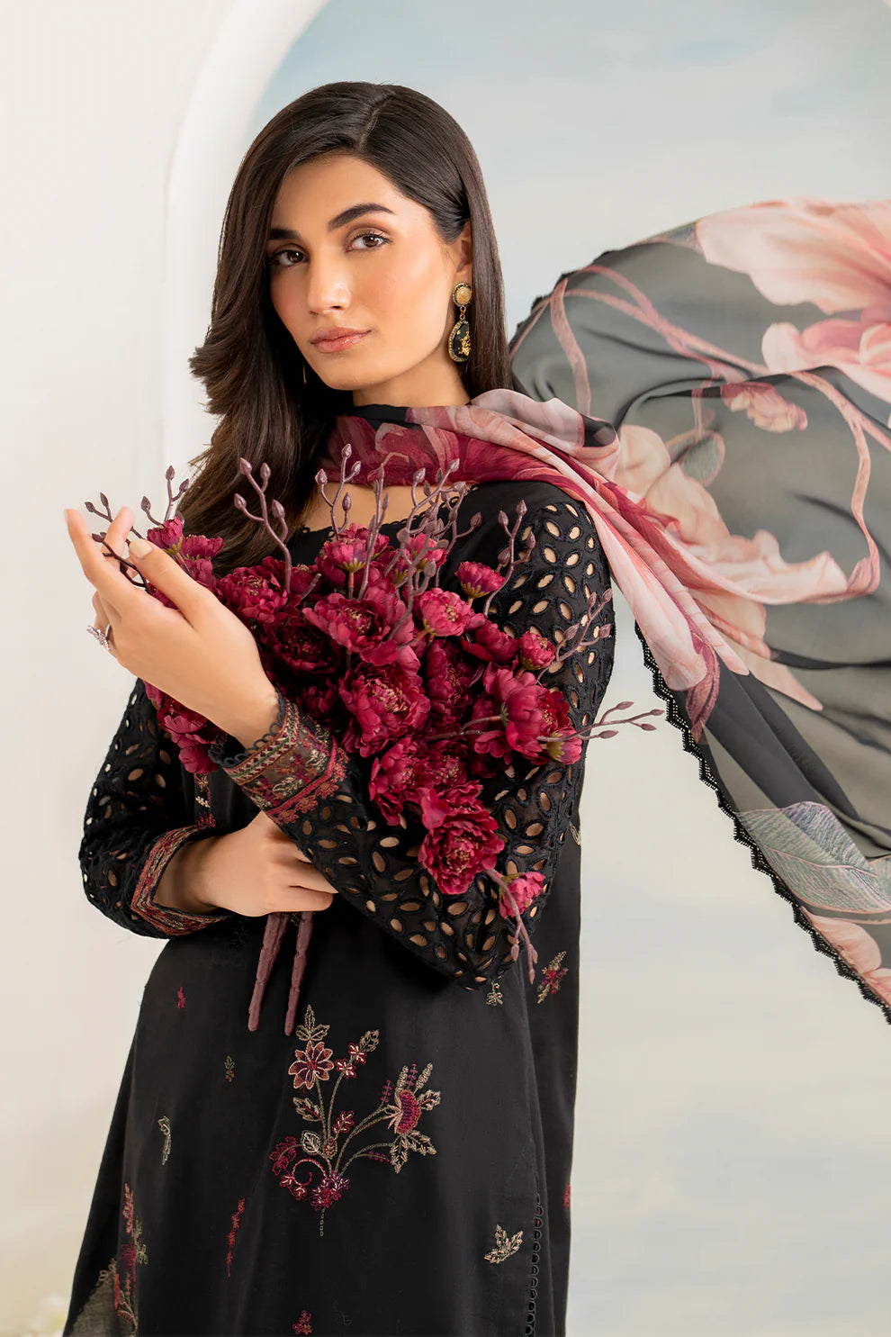 WINTER- 3PC DHANAK EMBROIDERED SHIRT WITH COUTURE PRINT SHAWL AND TROUSER-3175