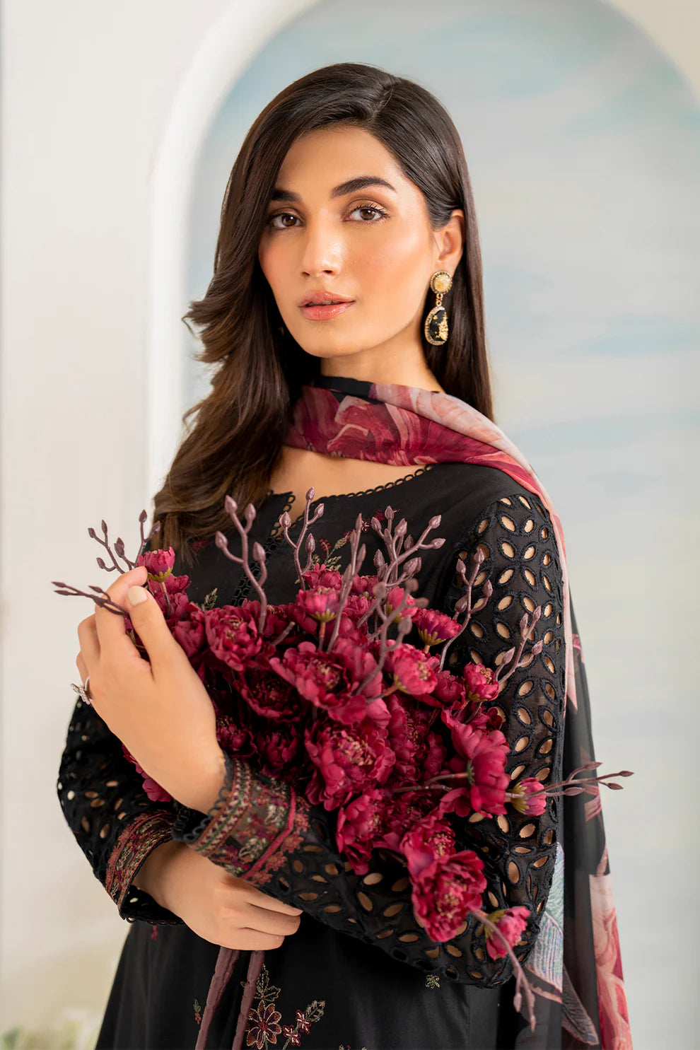 WINTER- 3PC DHANAK EMBROIDERED SHIRT WITH COUTURE PRINT SHAWL AND TROUSER-3175