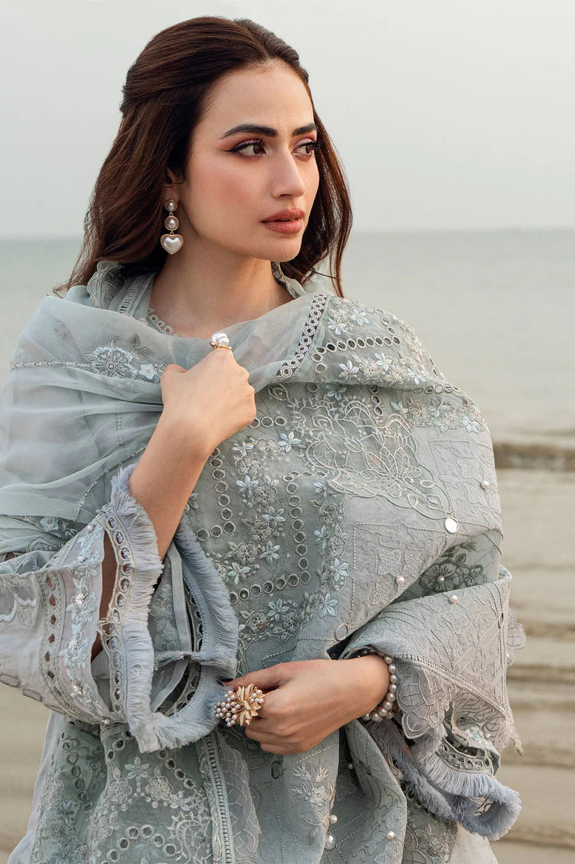 WINTER-3PC DHANAK LASER WORK EMBROIDERED SHIRT WITH CHIFFON EMBROIDERED DUPATTA & TROUSER-4214