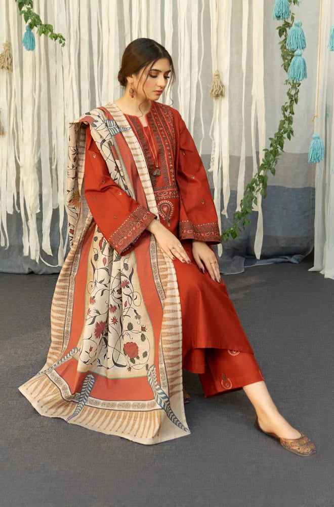 WINTER- 3PC DHANAK EMBROIDERED SHIRT WITH COUTURE WOOL PRINT SHAWL AND TROUSER-2692