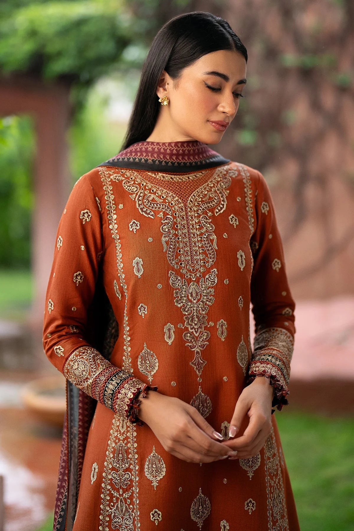 WINTER-3PC DHANAK EMBROIDERED SHIRT WITH COURTRAI PRINTED SHAWL AND TROUSER-4012