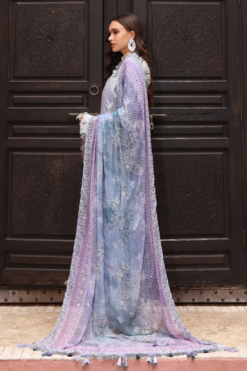SUMMER-3PC LAWN CHIKANKARI EMBROIDERED SHIRT WITH MONARK PRINTED DUPATTA AND EMB TRPUSER-3709