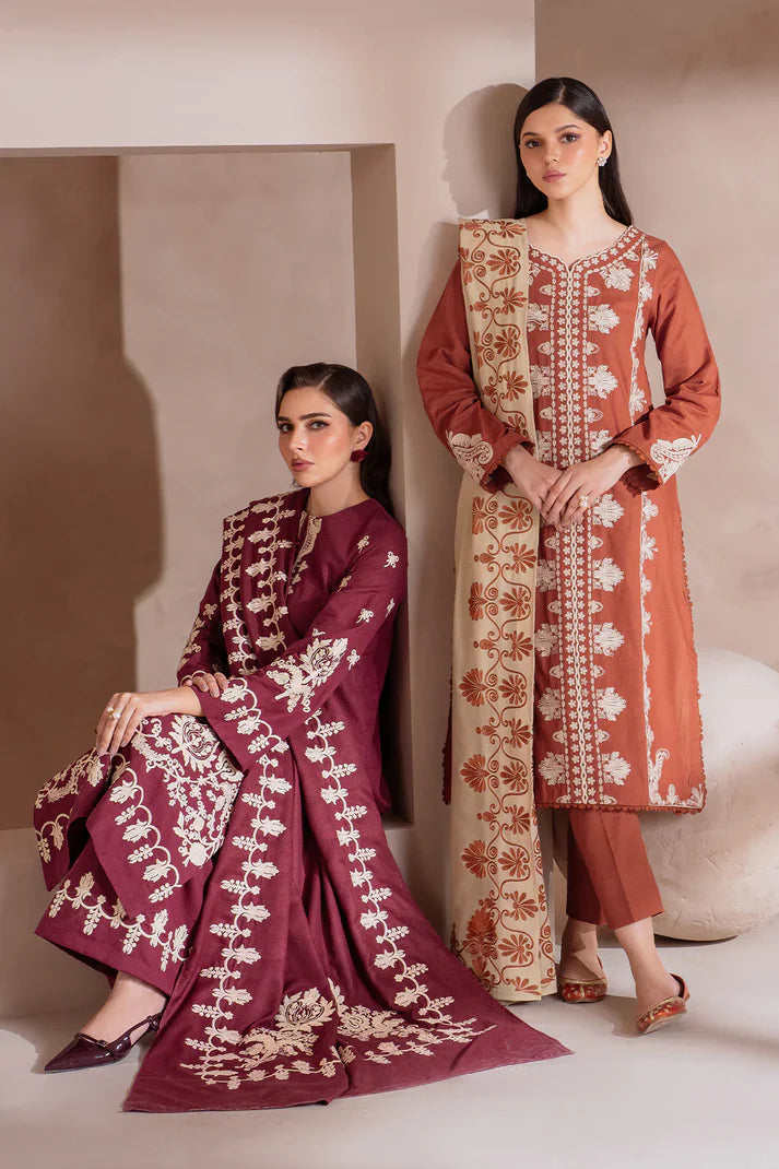 IZNIK-3PC DHANAK EMBROIDERED SHIRT WITH DHANAK EMBROIDERED SHAWL & TROUSER-4246