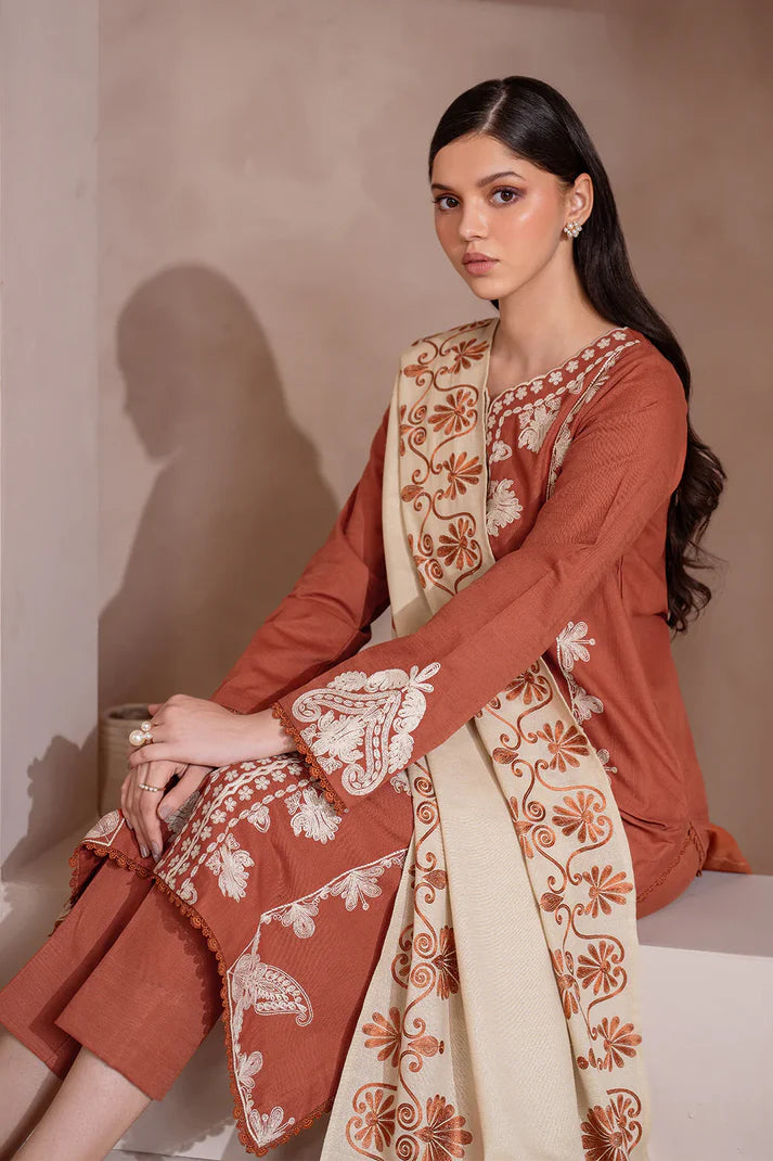 IZNIK-3PC DHANAK EMBROIDERED SHIRT WITH DHANAK EMBROIDERED SHAWL & TROUSER-4246