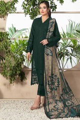 SUMMER-3PC CHIKANKAARI LAWN EMBROIDERED SHIRT WITH MONARK PRINT DUPATTA AND TROUSER-4052 MUNGIYA