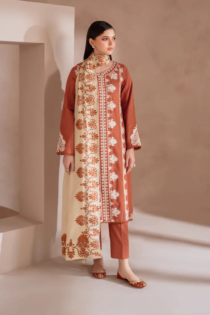 IZNIK-3PC DHANAK EMBROIDERED SHIRT WITH DHANAK EMBROIDERED SHAWL & TROUSER-4246