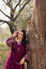 WINTER-3PC DHANAK EMBROIDERED SHIRT WITH CHIFFON EMBROIDERED DUPATTA AND EMB TROUSER-5163