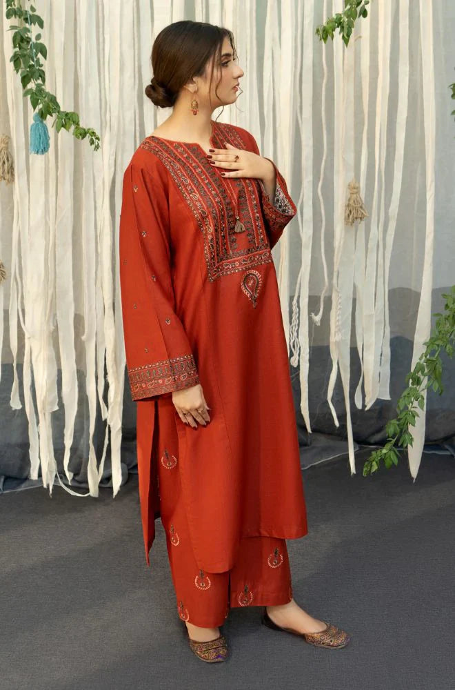 WINTER- 3PC DHANAK EMBROIDERED SHIRT WITH COUTURE WOOL PRINT SHAWL AND TROUSER-2692