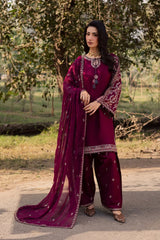 WINTER-3PC DHANAK EMBROIDERED SHIRT WITH CHIFFON EMBROIDERED DUPATTA AND EMB TROUSER-5163