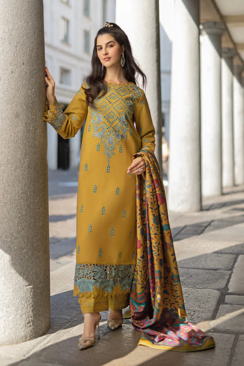 WINTER-3PC DHANAK EMBROIDERED SHIRT WITH COURTRAI PRINTED SHAWL AND TROUSER-4159