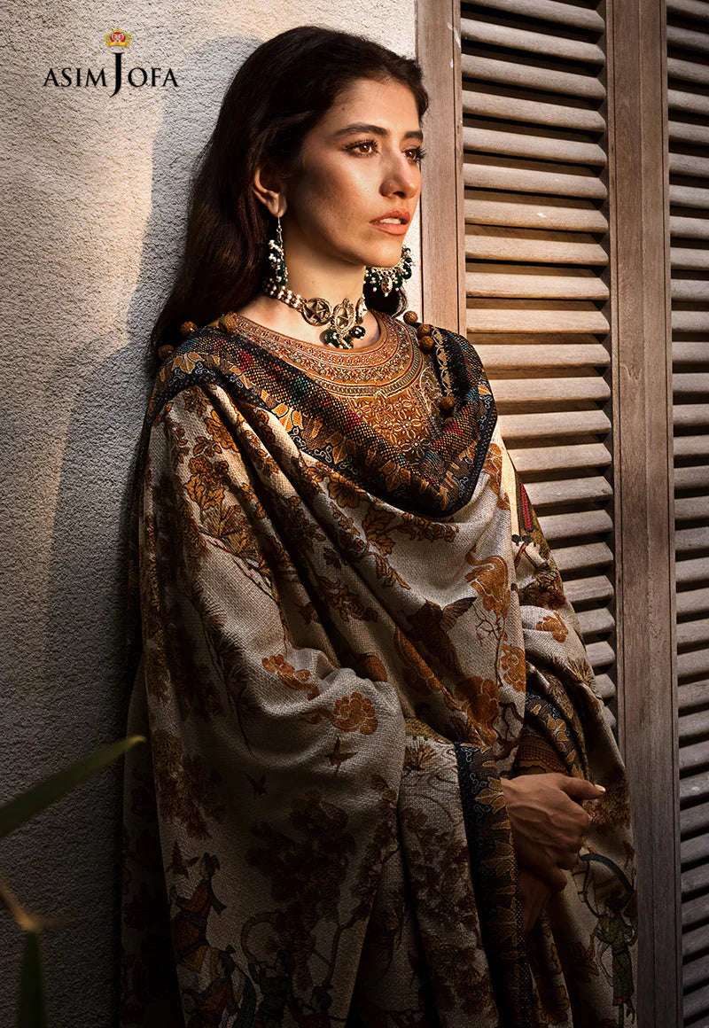 WINTER-3PC DHANAK EMBROIDERED SHIRT WITH COURTRAI PRINTED SHAWL & TROUSR-ADR-3135