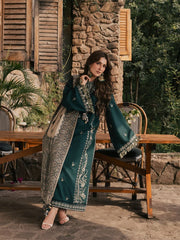 WINTER-3PC DHANAK EMBROIDERED SHIRT WITH COUTRAI PRINTED SHAWL AND TROUSER-5322
