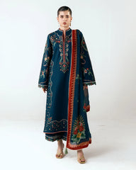 WINTER-3PC DHANAK EMBROIDERED SHIRT WITH COUTRAI PRINTED SHAWL AND EMB TROUSER-5172