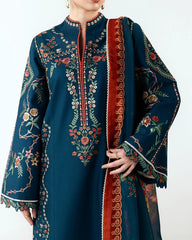 WINTER-3PC DHANAK EMBROIDERED SHIRT WITH COUTRAI PRINTED SHAWL AND EMB TROUSER-5172