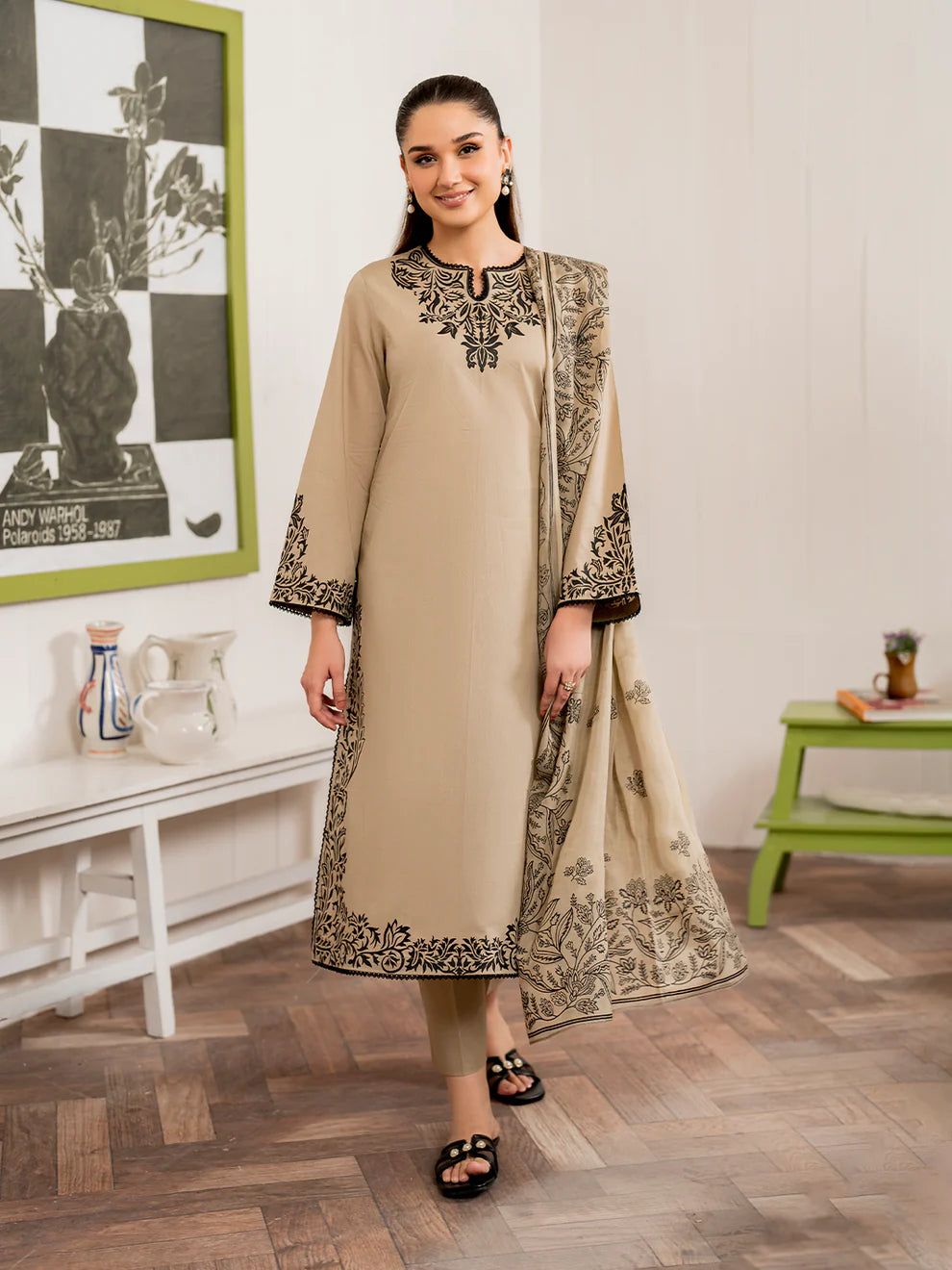 WINTER-3PC DHANAK EMBROIDERED SHIRT WITH COUTURE PRINT SHAWL AND TROUSER-4108