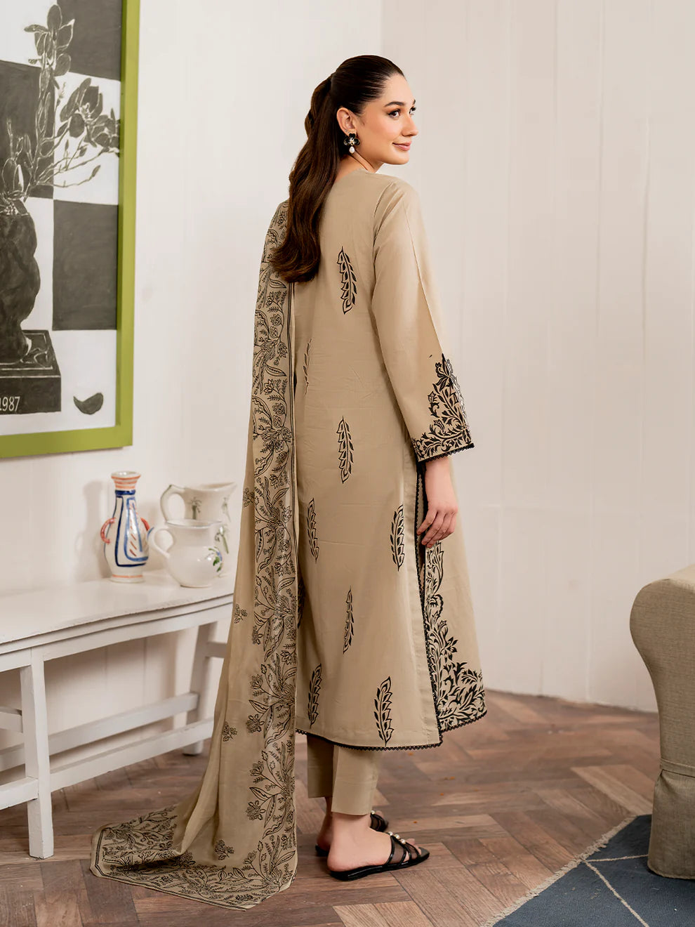 WINTER-3PC DHANAK EMBROIDERED SHIRT WITH COUTURE PRINT SHAWL AND TROUSER-4108