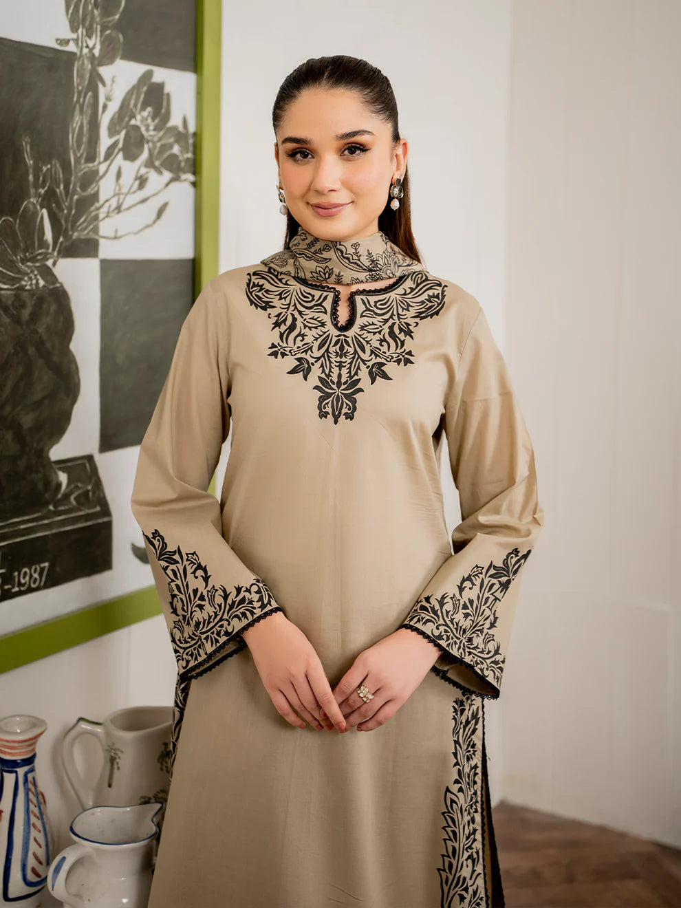 WINTER-3PC DHANAK EMBROIDERED SHIRT WITH COUTURE PRINT SHAWL AND TROUSER-4108