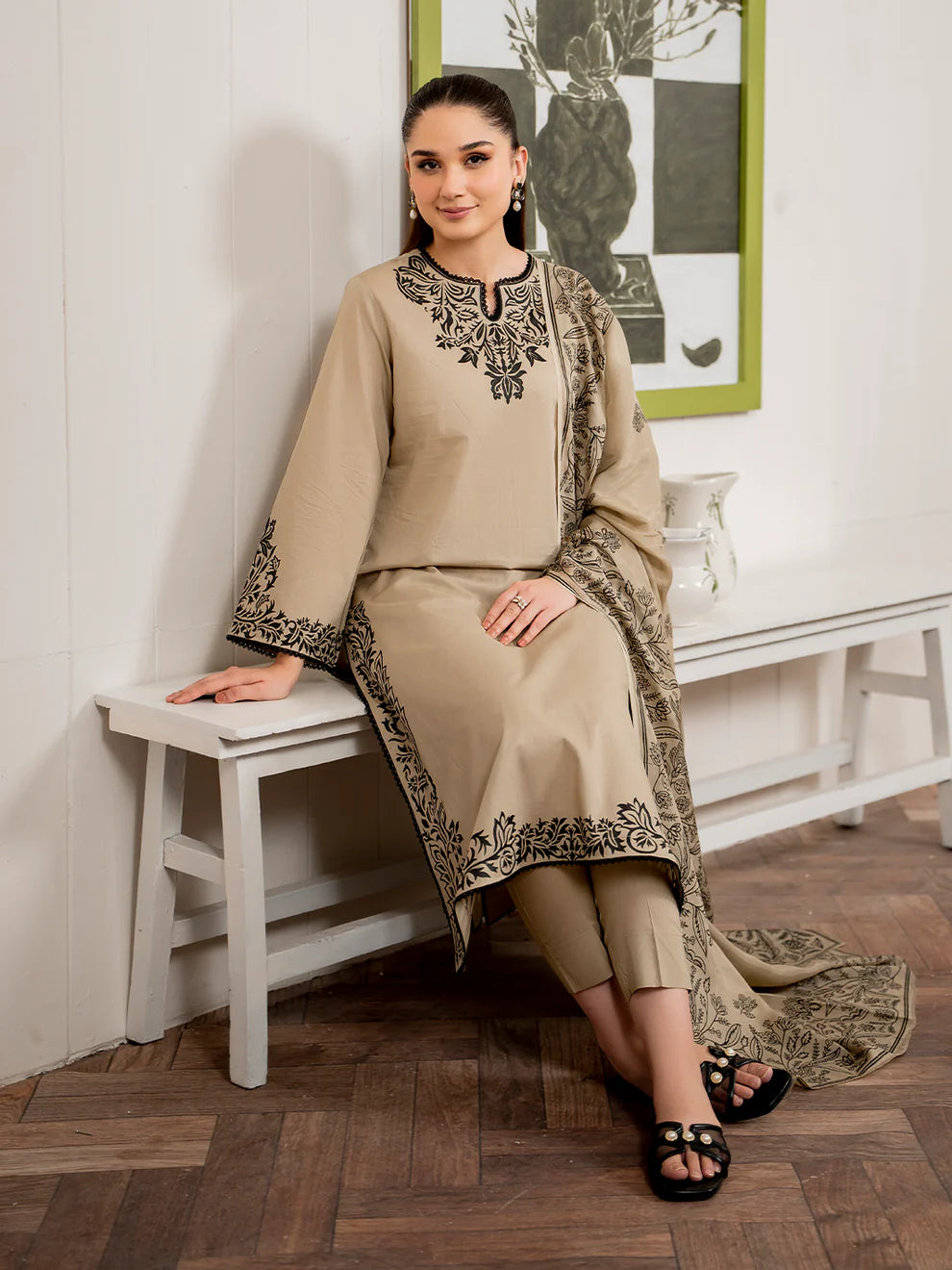 WINTER-3PC DHANAK EMBROIDERED SHIRT WITH COUTURE PRINT SHAWL AND TROUSER-4108