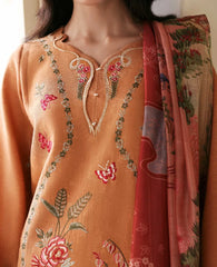 WINTER-3PC KARANDI EMBROIDERED SHIRT WITH COUTRAI PRINTED SHAWL AND TROUSER-5247