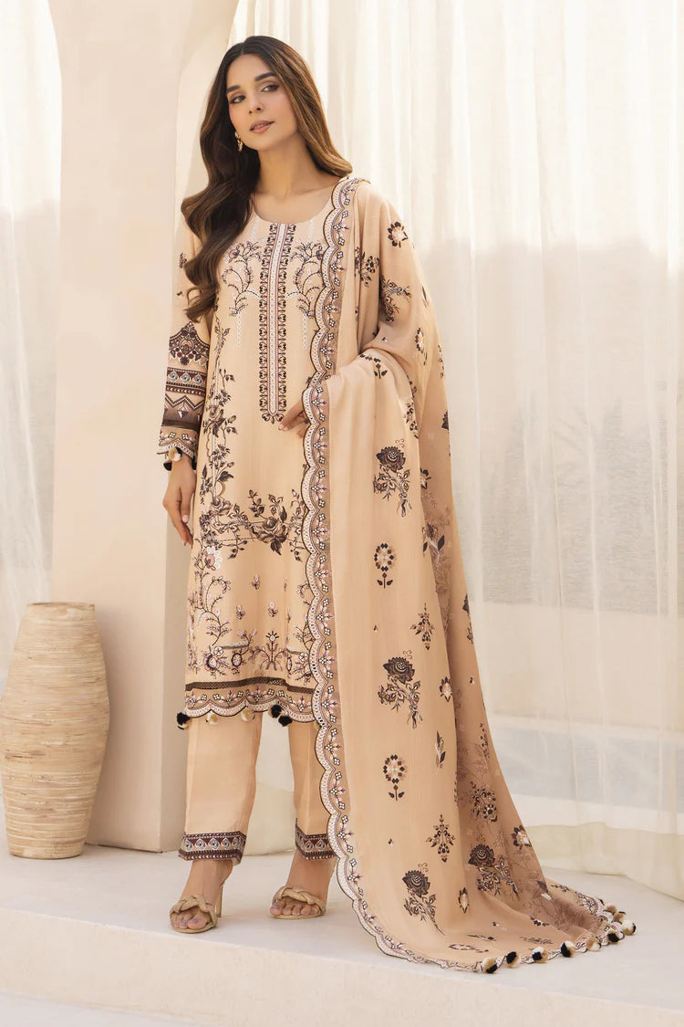 WINTER-3PC KARANDI PRINTED EMBROIDERED SHIRT WITH KARANDI PRINTED EMB SHAWL & PRINTED TROUSER-