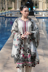 WINTER-3PC KARANDI PRINTED EMBROIDERED SHIRT WITH KARANDI PRINTED EMB SHAWL & PRINTED TROUSER-